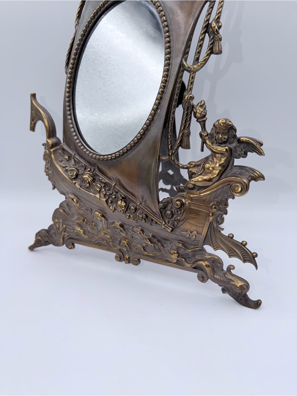 Ornate Brass Cherub Vanity Mirror - Bronze Finish - Picture 2 of 9